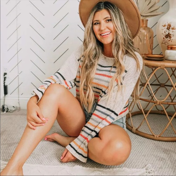 Rainbow Striped Boho Knit Sweater Black Bohemian - Picture 5 of 11